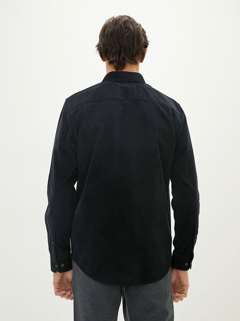 Siyah Regular Fit Uzun Kollu Kadife Erkek Gömlek-4