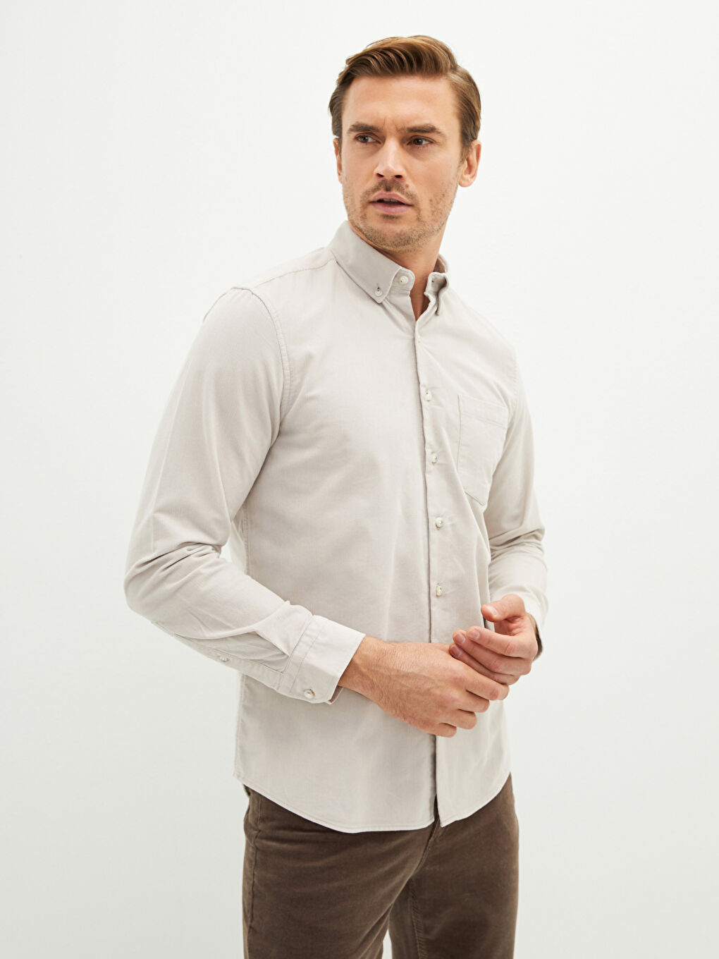 Bej Regular Fit Uzun Kollu Kadife Erkek Gömlek