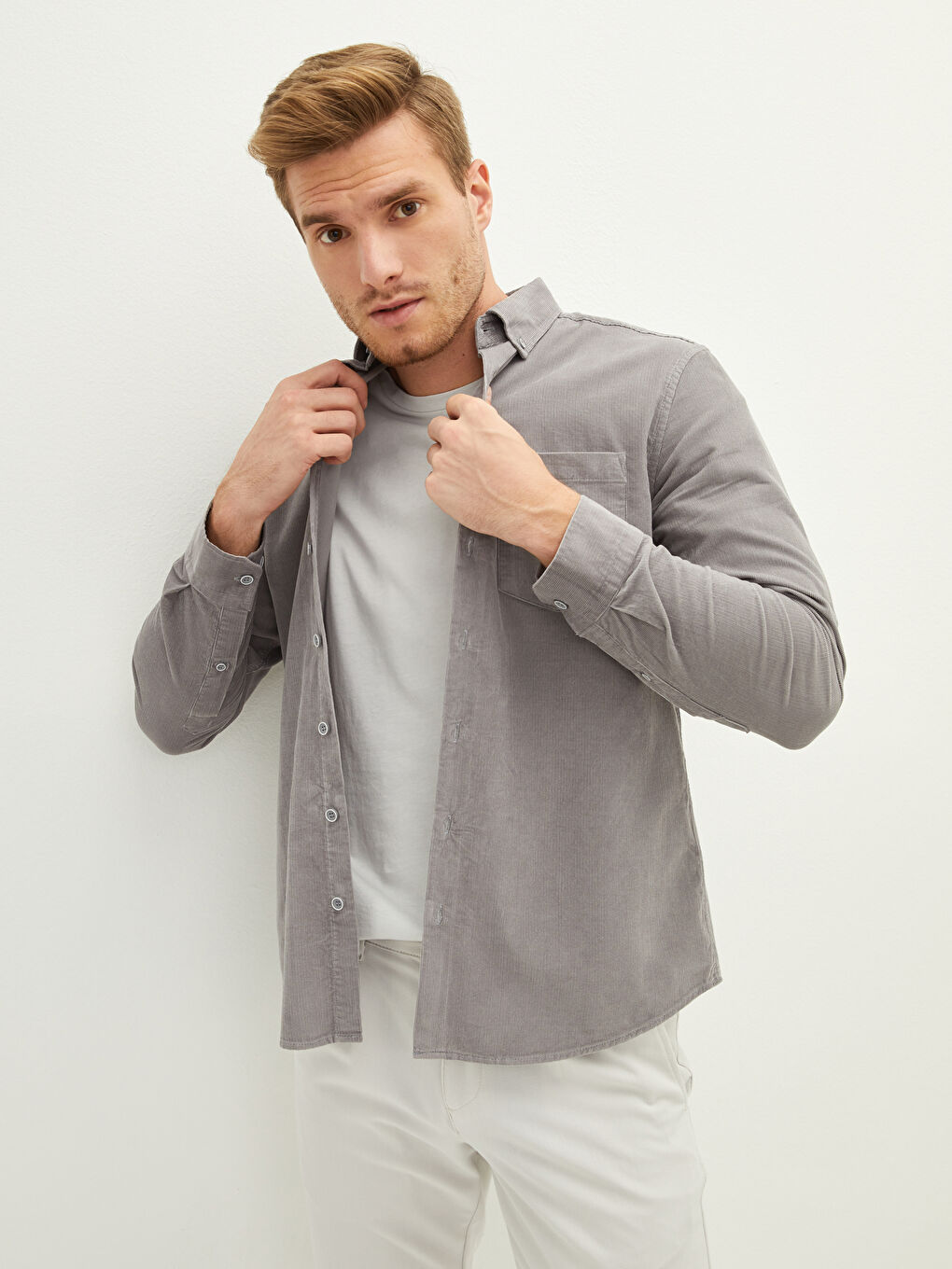 LCWAIKIKI Basic Regular Fit Long Sleeve Velvet Men's Shirt -W10893Z8-JVC