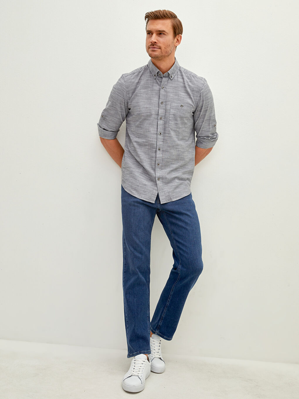 LCWAIKIKI Basic Regular Fit Long Sleeve Patterned Poplin Men's Shirt -W10894Z8-CWN
