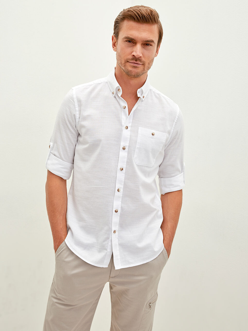 Beyaz Regular Fit Uzun Kollu Desenli Poplin Erkek Gömlek-2
