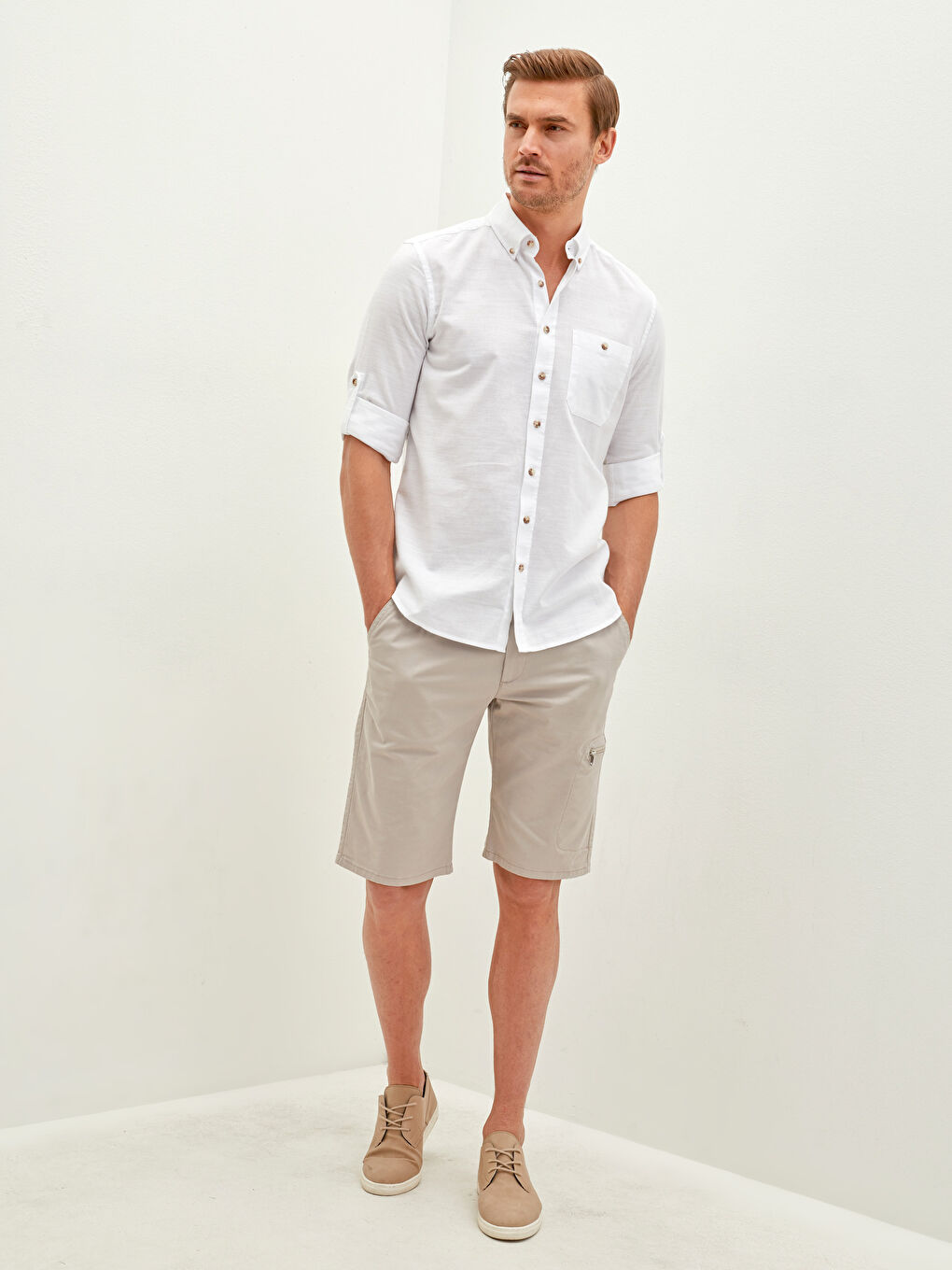 Beyaz Regular Fit Uzun Kollu Desenli Poplin Erkek Gömlek-3