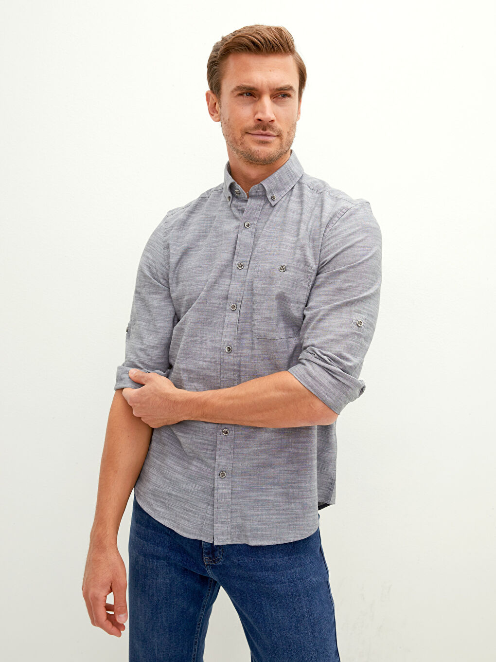 LCWAIKIKI Basic Regular Fit Long Sleeve Patterned Poplin Men's Shirt -W10894Z8-CWN