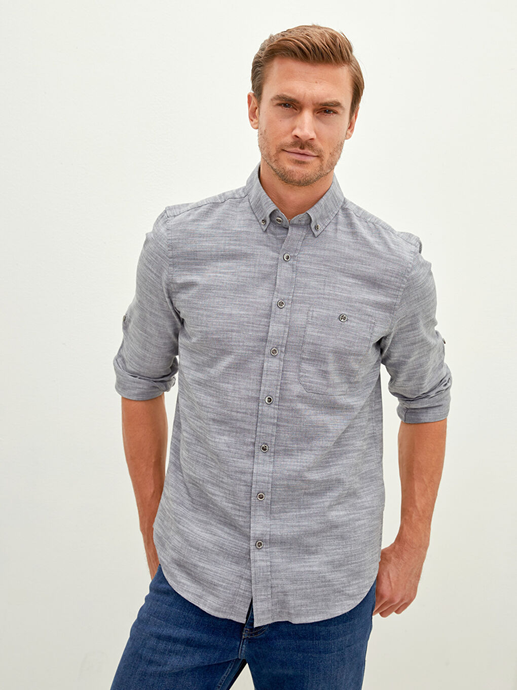 LCWAIKIKI Basic Regular Fit Long Sleeve Patterned Poplin Men's Shirt -W10894Z8-CWN
