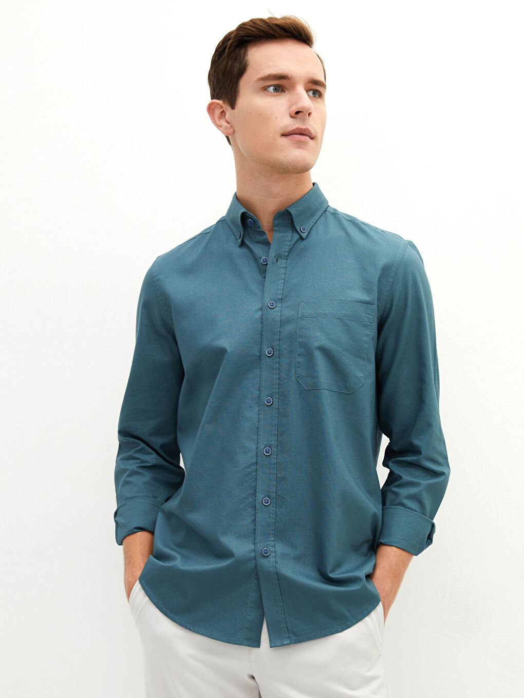 Yeşil Regular Fit Uzun Kollu Oxford Erkek Gömlek-2