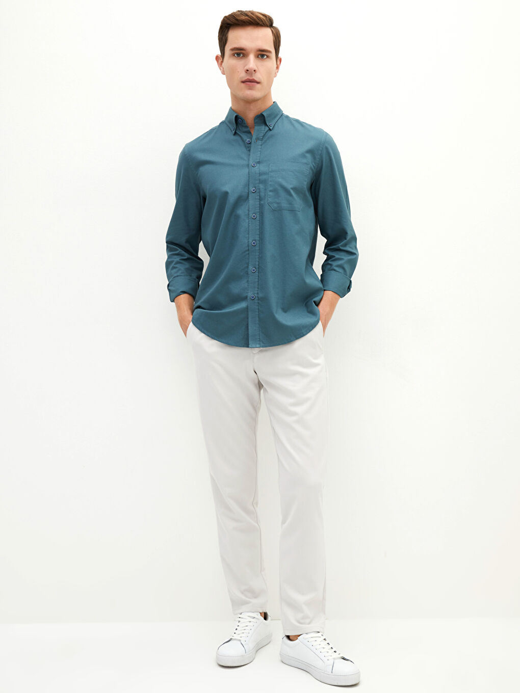 Yeşil Regular Fit Uzun Kollu Oxford Erkek Gömlek-3