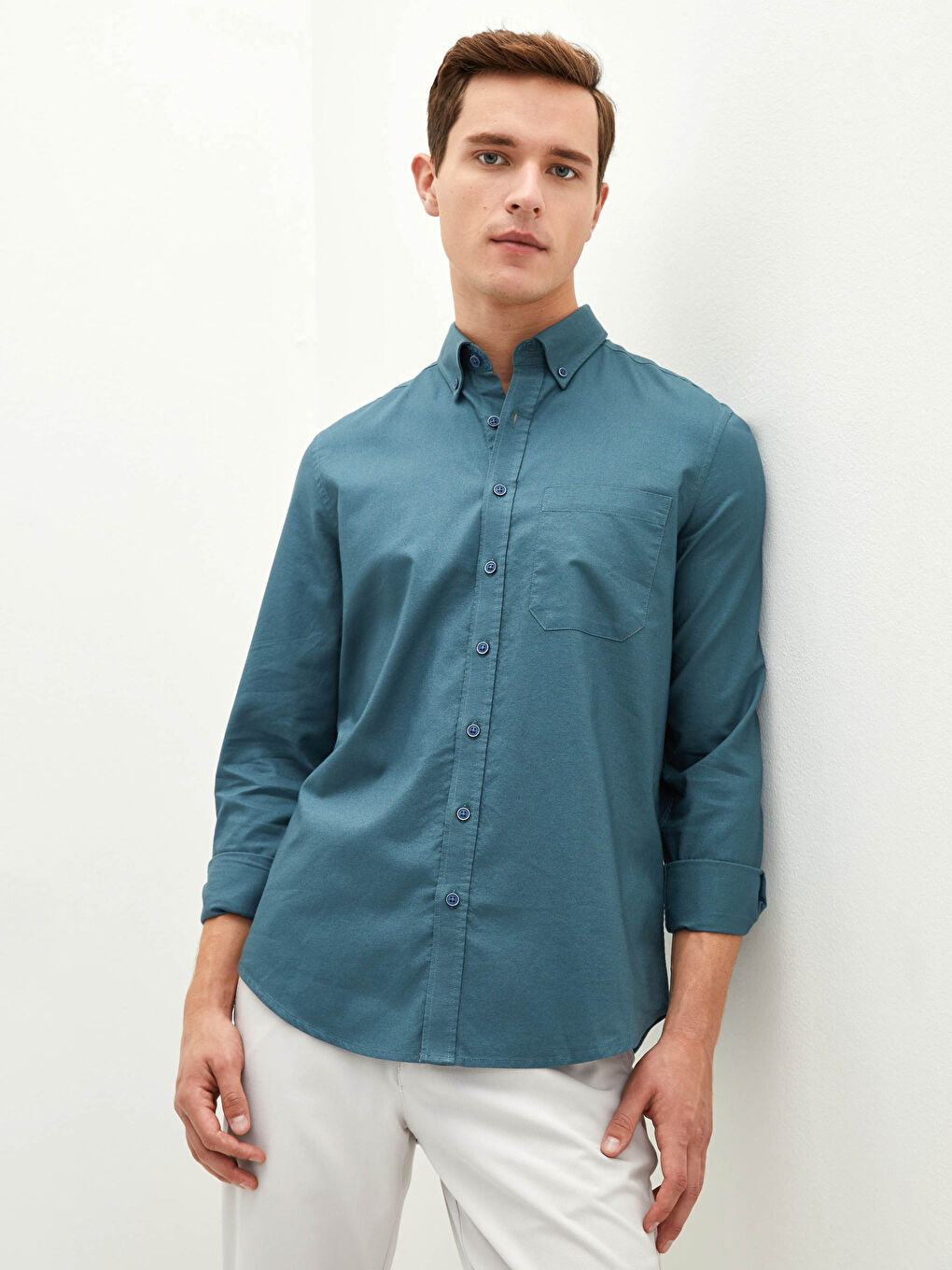 Yeşil Regular Fit Uzun Kollu Oxford Erkek Gömlek