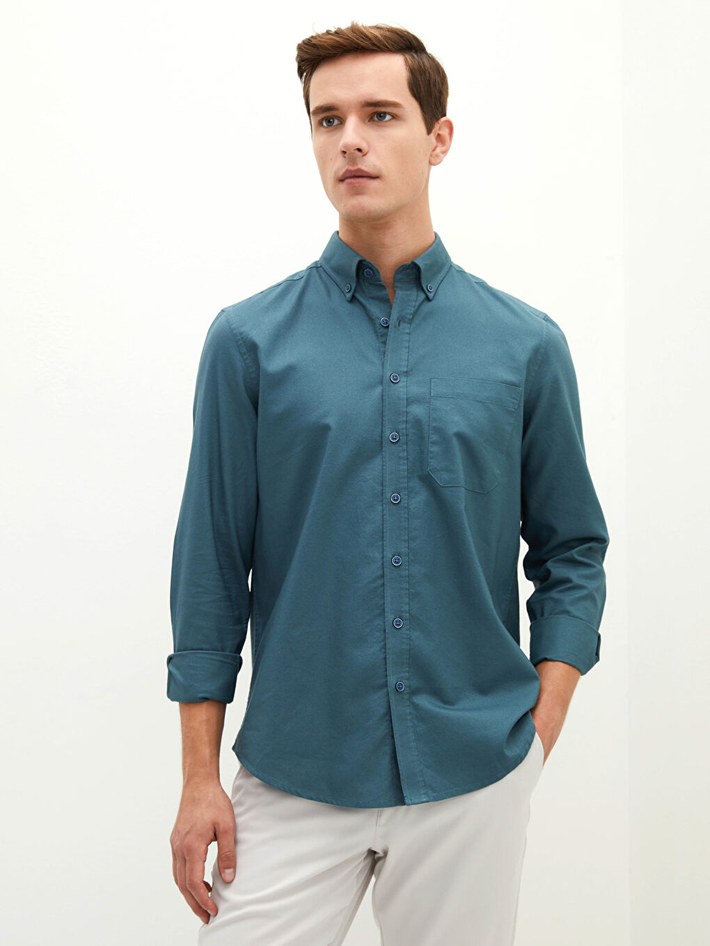 Yeşil Regular Fit Uzun Kollu Oxford Erkek Gömlek-1