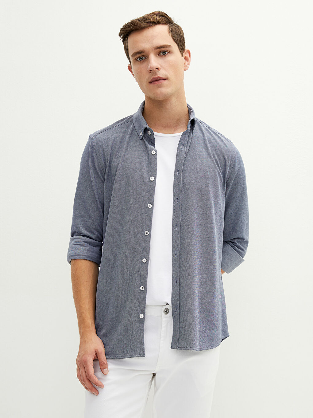 LCWAIKIKI Basic Slim Fit Uzun Kollu Örme Erkek Gömlek -W10910Z8-CS6