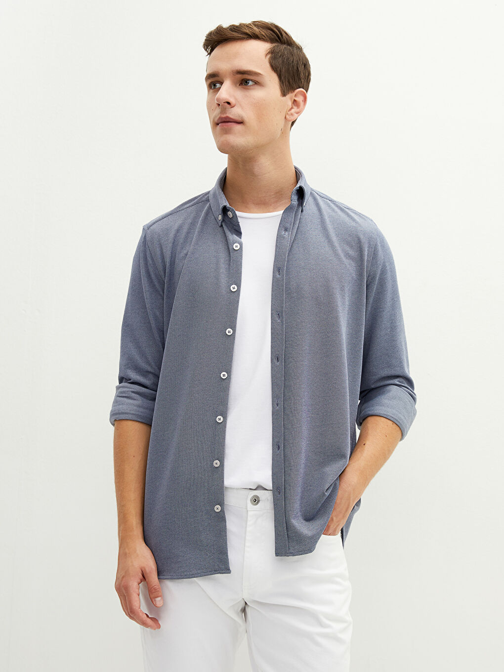 LCWAIKIKI Basic Slim Fit Uzun Kollu Örme Erkek Gömlek -W10910Z8-CS6