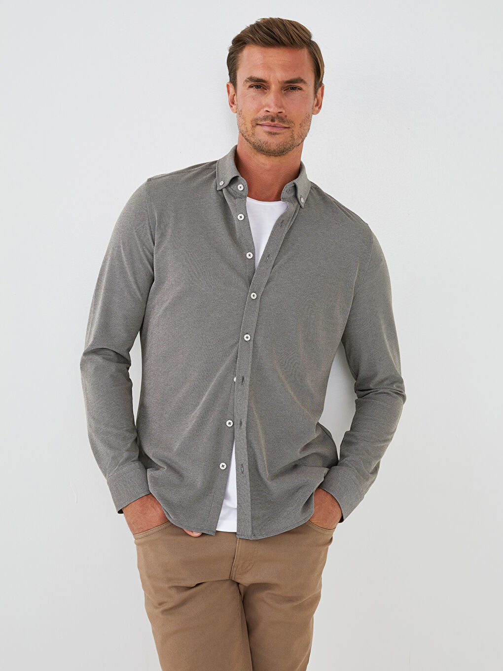 LCWAIKIKI Basic Slim Fit Long Sleeve Knitted Men's Shirt -W10910Z8-RNU