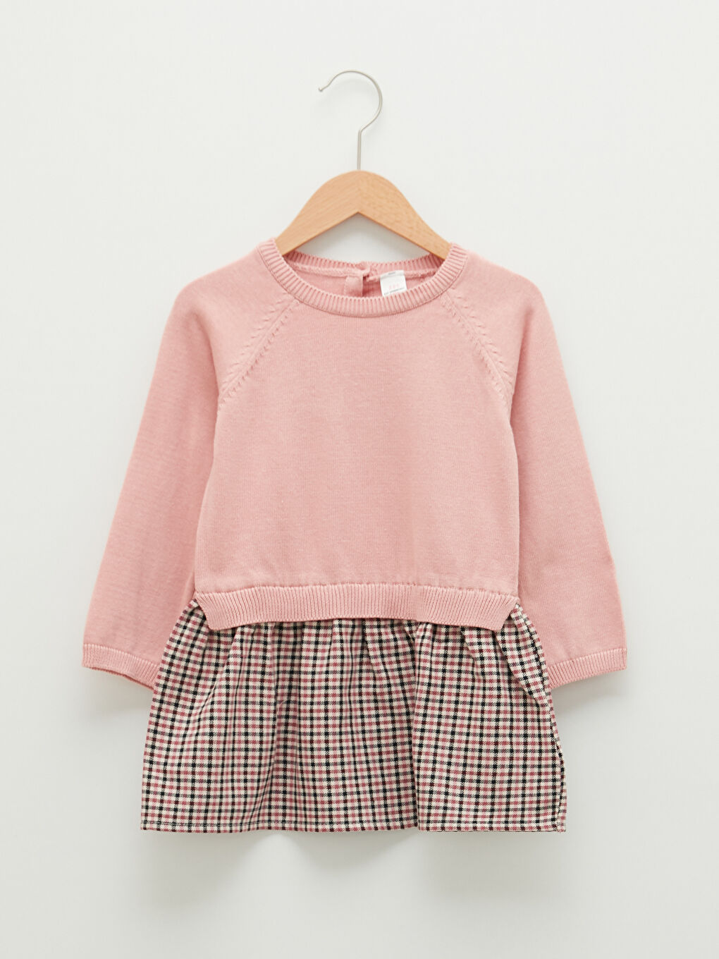 Pembe Bisiklet Yaka Uzun Kollu Eteği Desenli Kız Bebek Triko Elbise