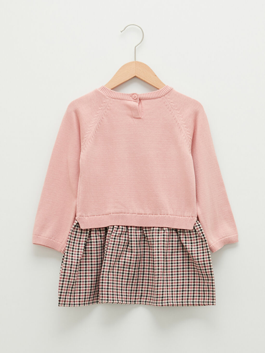 Pembe Bisiklet Yaka Uzun Kollu Eteği Desenli Kız Bebek Triko Elbise-1