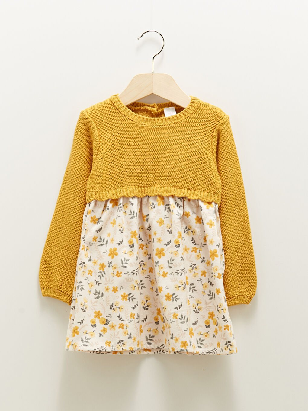 Sarı Bisiklet Yaka Uzun Kollu Eteği Çiçekli Desenli Kız Bebek Triko Elbise