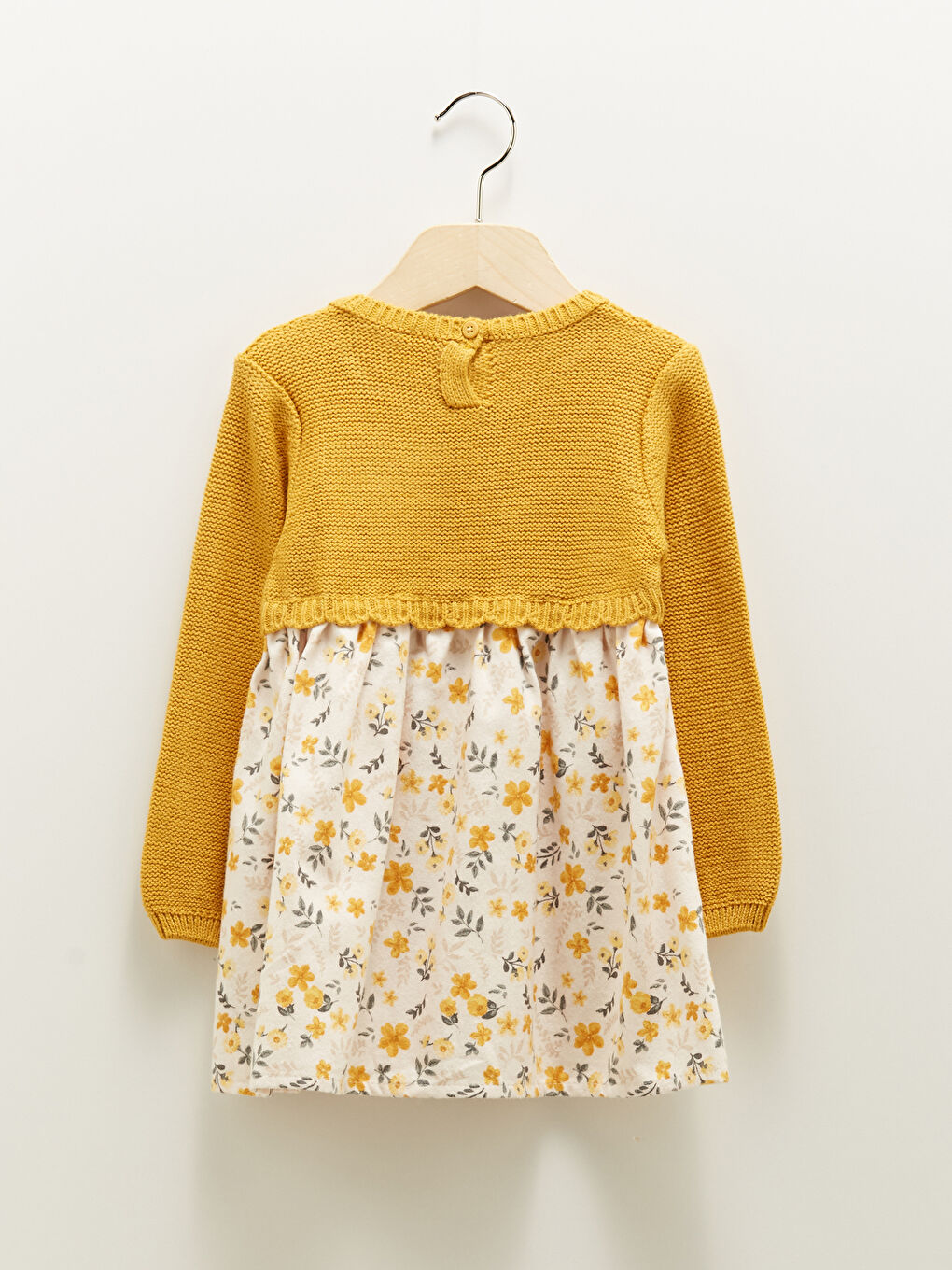 Sarı Bisiklet Yaka Uzun Kollu Eteği Çiçekli Desenli Kız Bebek Triko Elbise-1