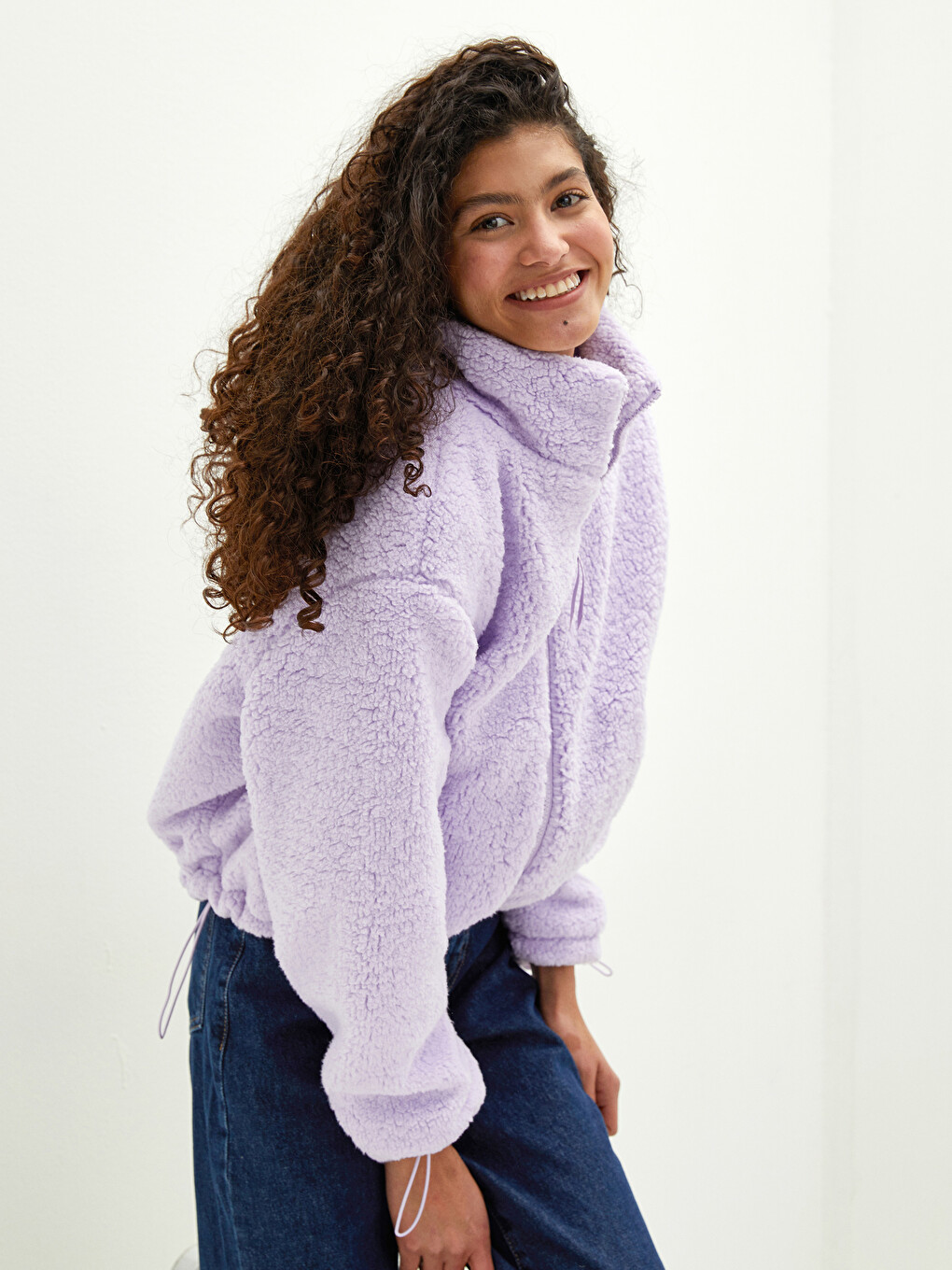Stand Collar Straight Pocket Detailed Plush Women's Coat-1