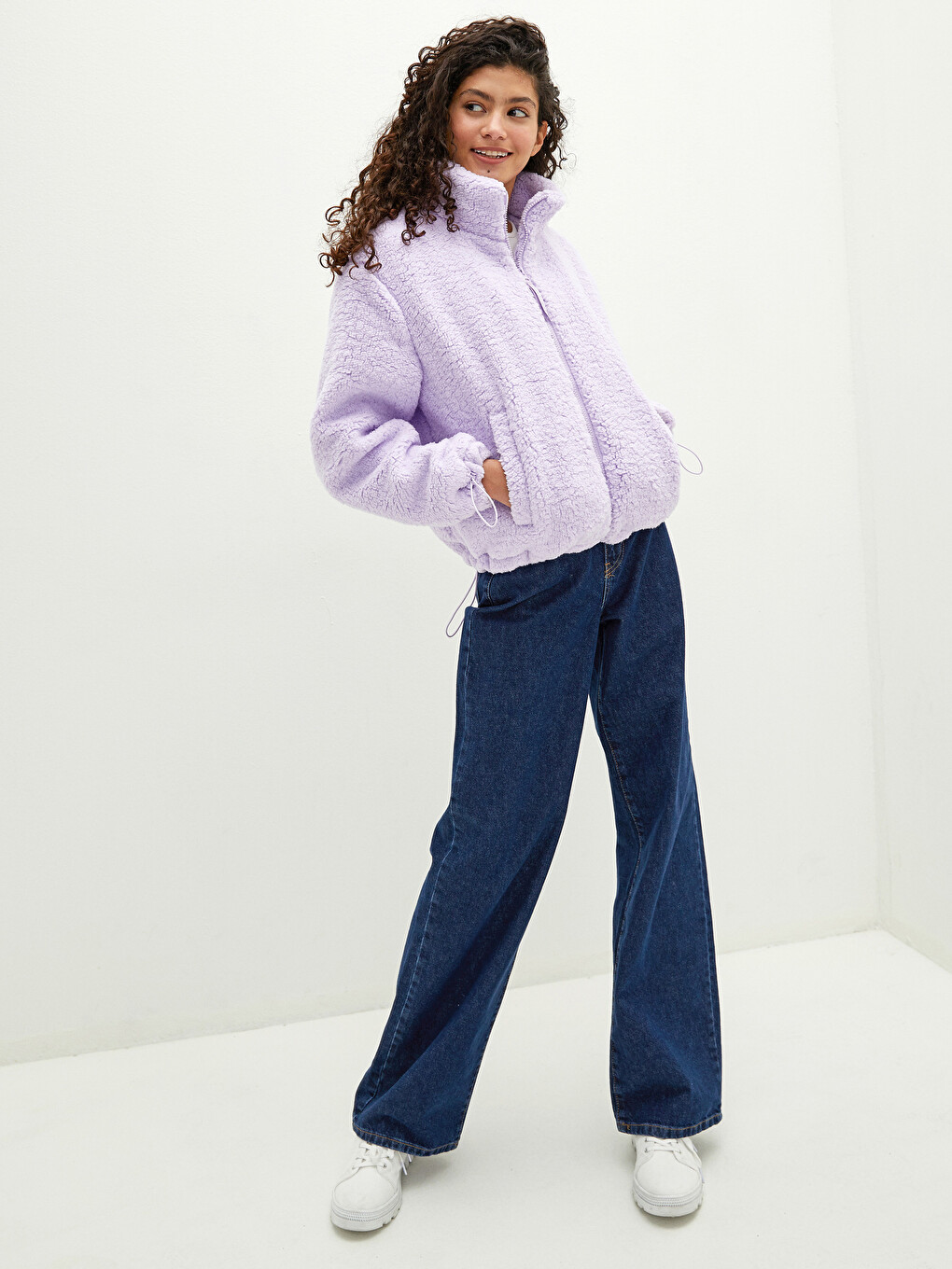 Stand Collar Straight Pocket Detailed Plush Women's Coat-4