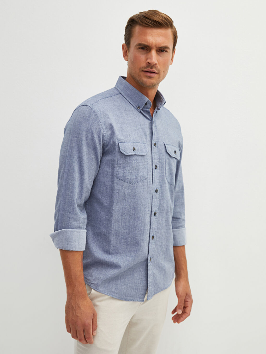 İndigo Regular Fit Uzun Kollu Armürlü Erkek Gömlek-1