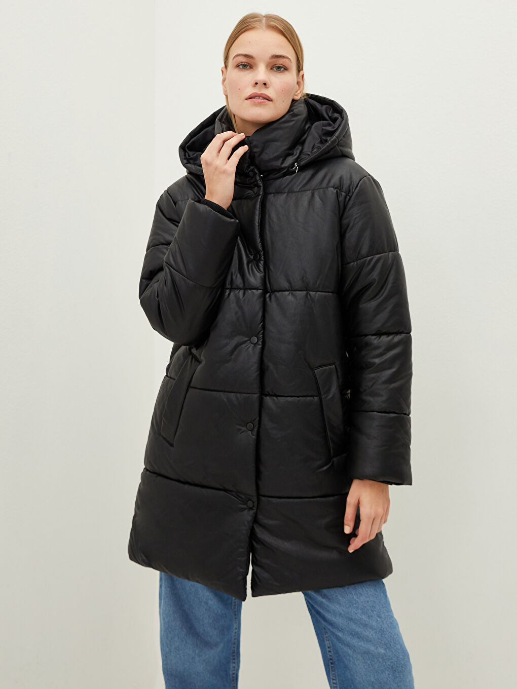 Hooded Collar Straight Pocket Detailed Leather Look Coat-1