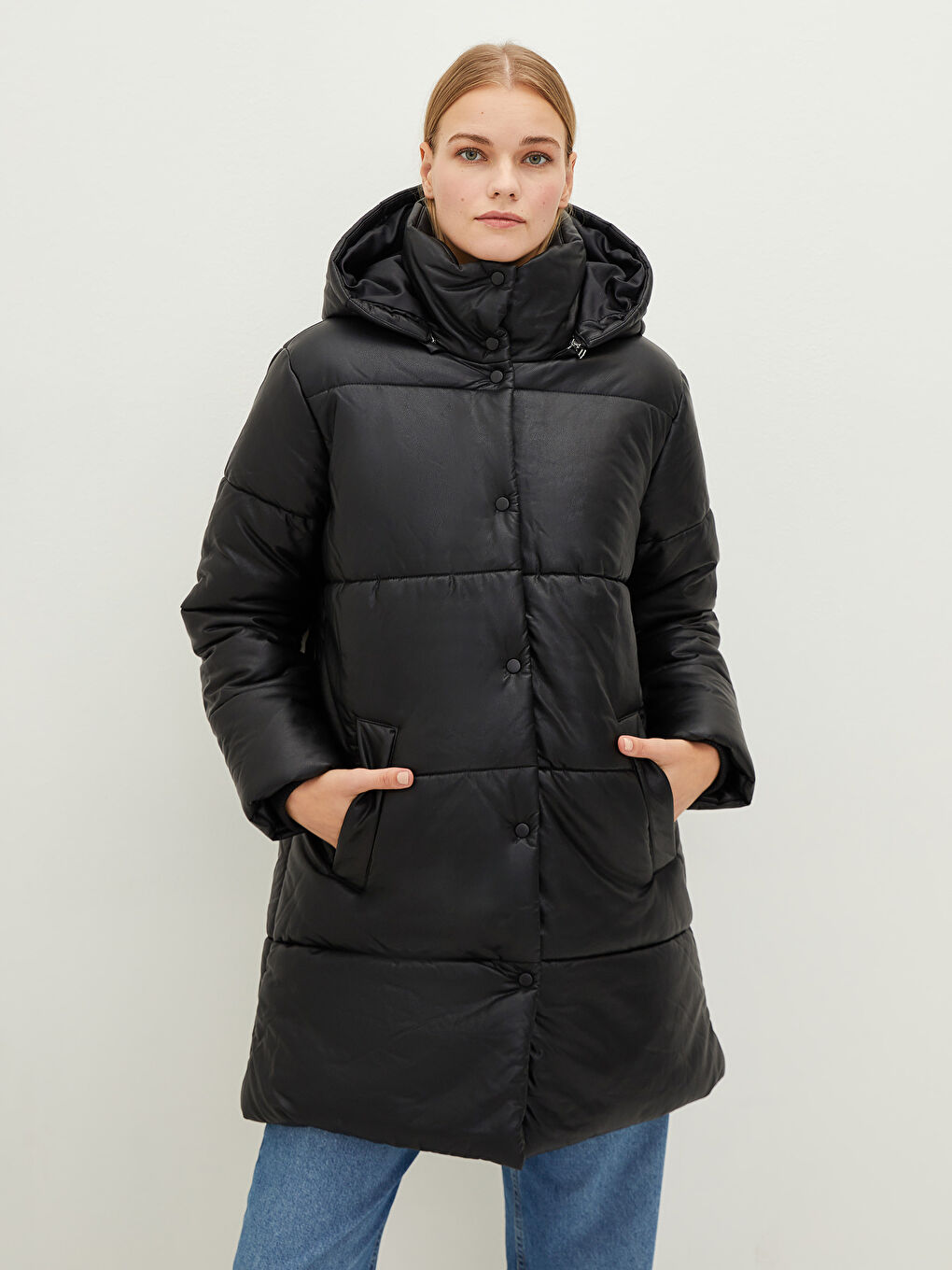 Hooded Collar Straight Pocket Detailed Leather Look Coat-4