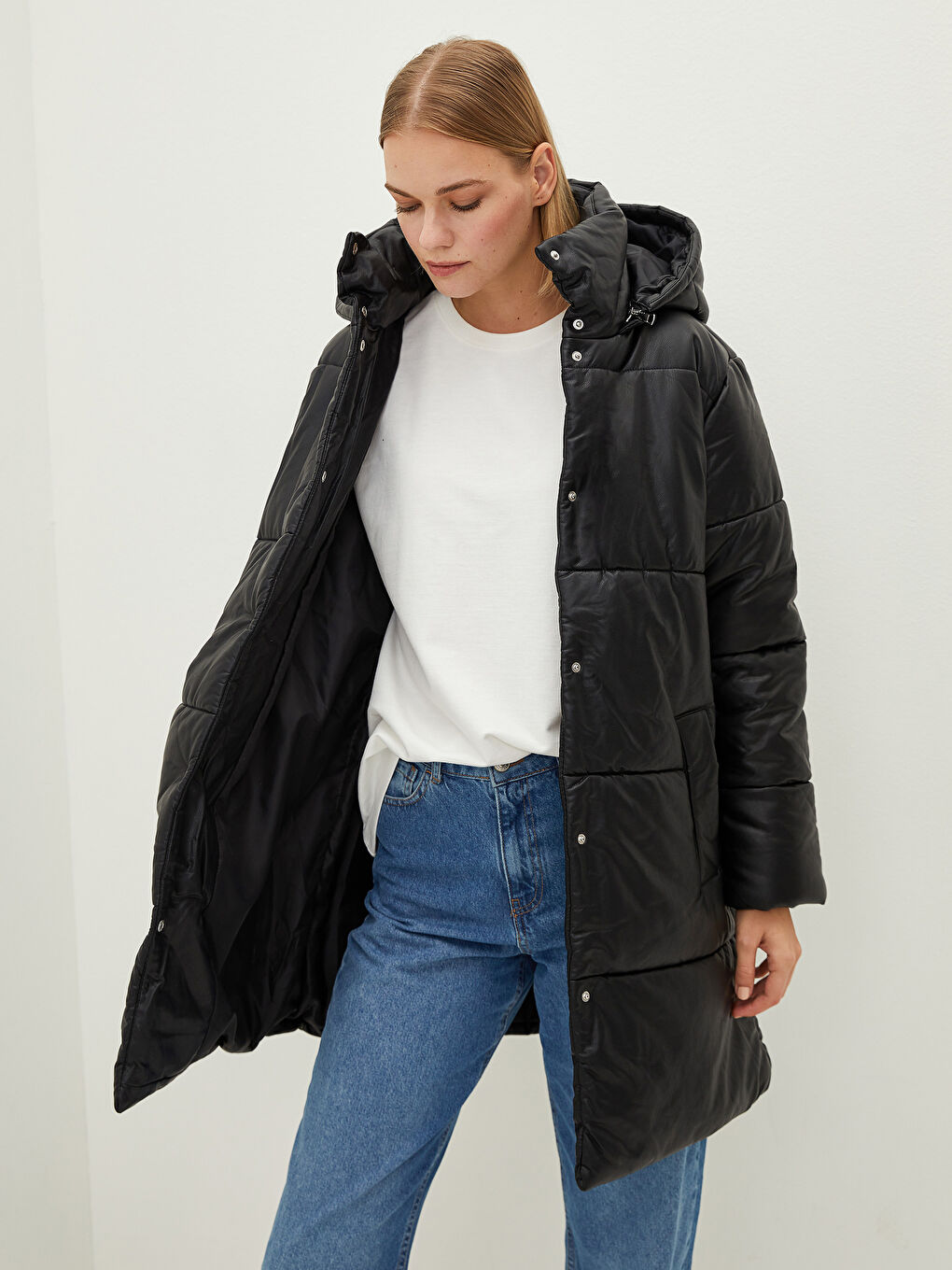 Hooded Collar Straight Pocket Detailed Leather Look Coat-7