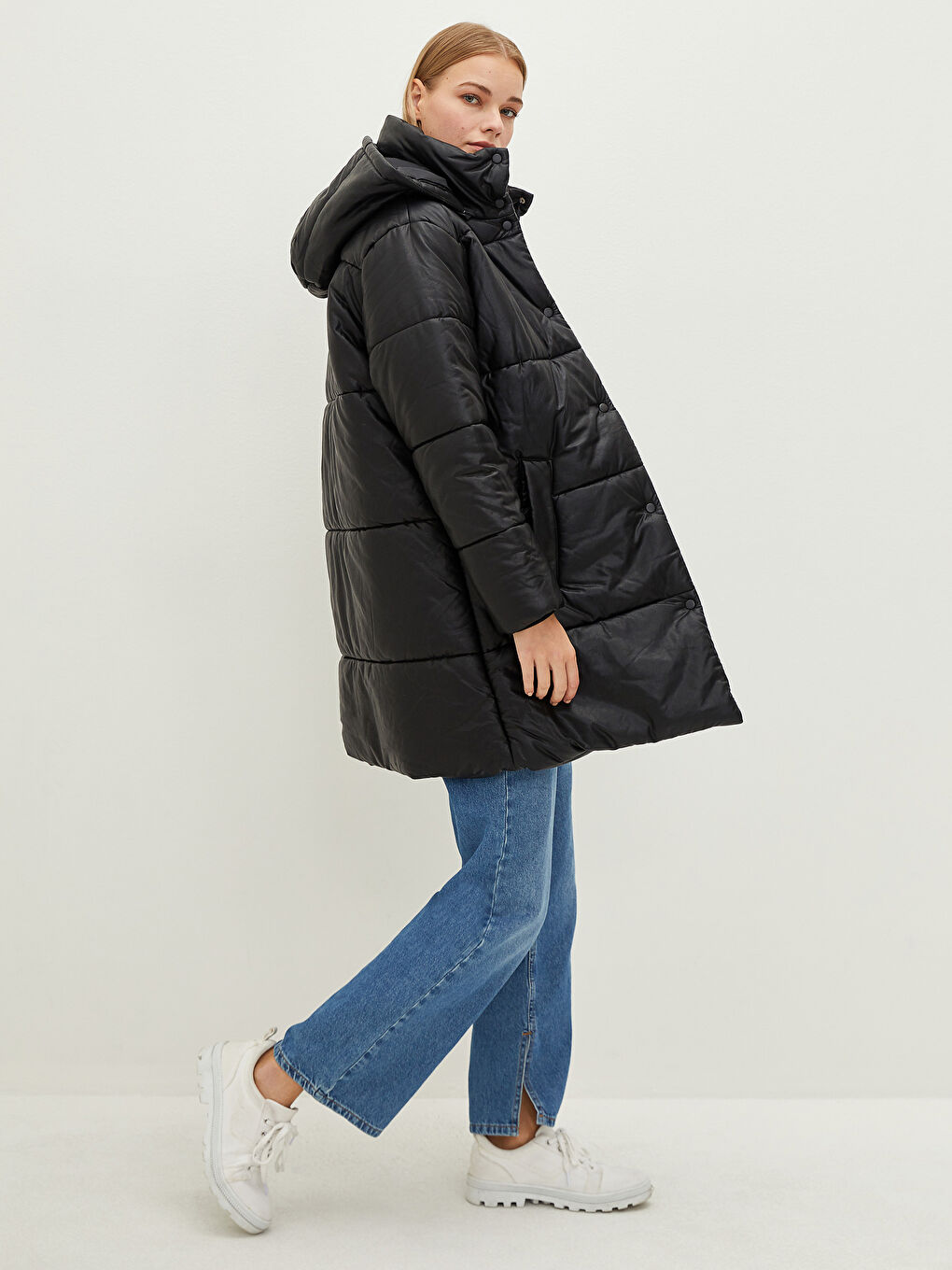 Hooded Collar Straight Pocket Detailed Leather Look Coat-10