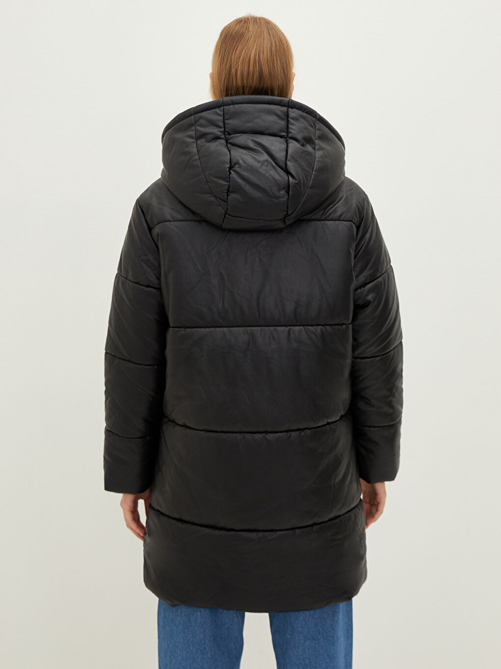 Hooded Collar Straight Pocket Detailed Leather Look Coat-13