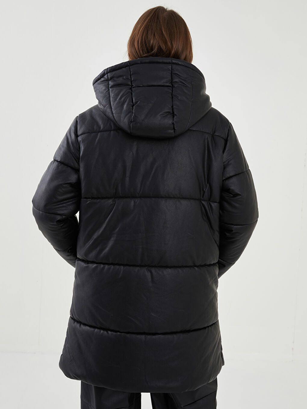 Hooded Collar Straight Pocket Detailed Leather Look Coat-16