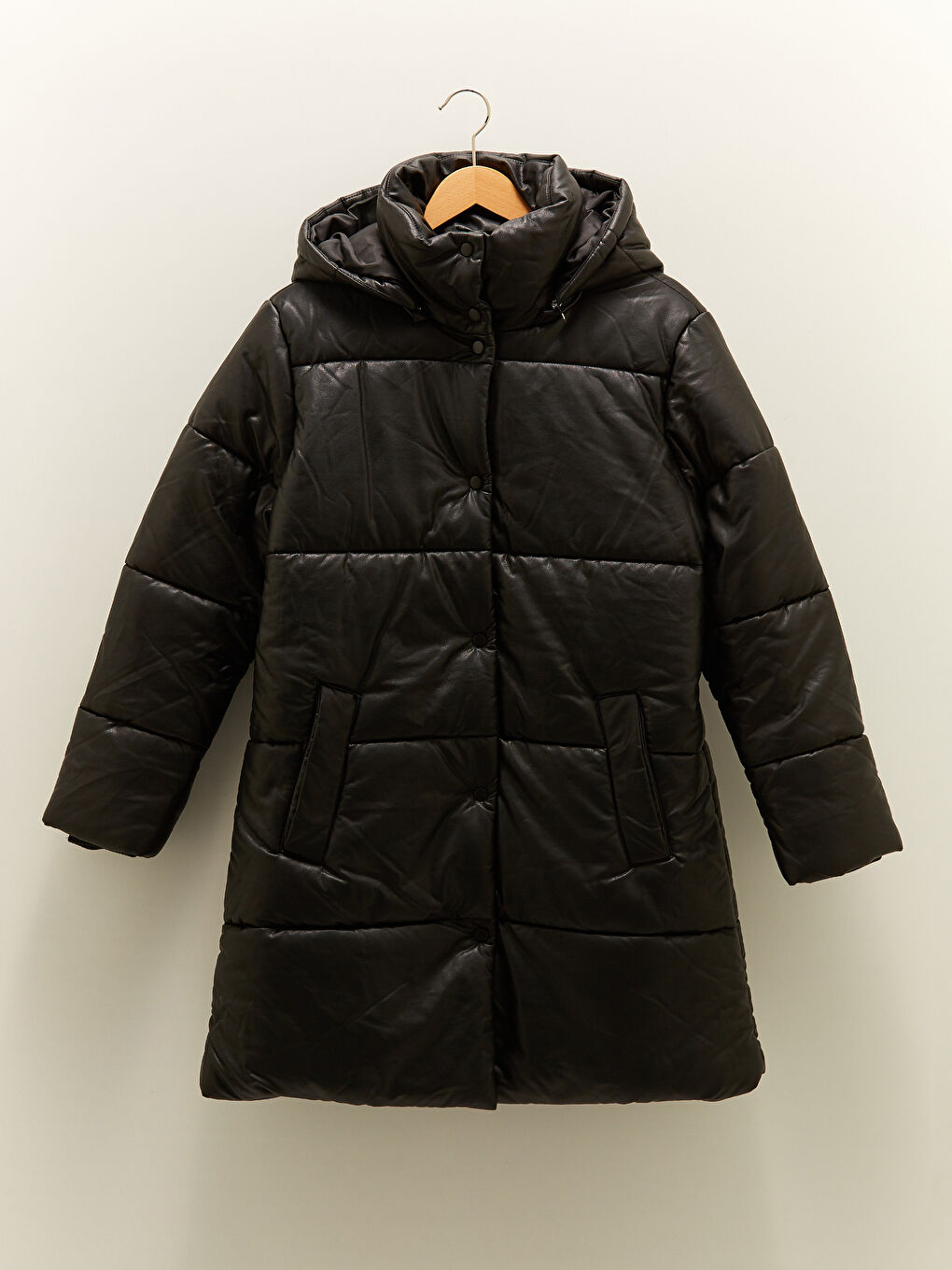 Hooded Collar Straight Pocket Detailed Leather Look Coat-17