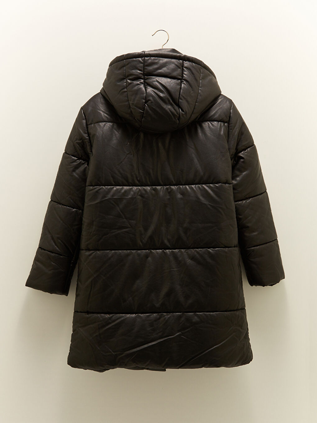 Hooded Collar Straight Pocket Detailed Leather Look Coat-18