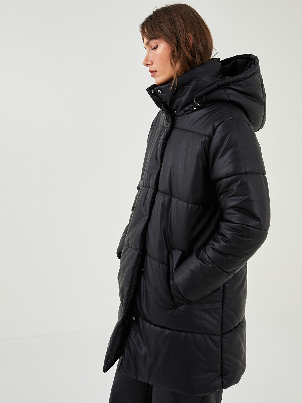 Hooded Collar Straight Pocket Detailed Leather Look Coat
