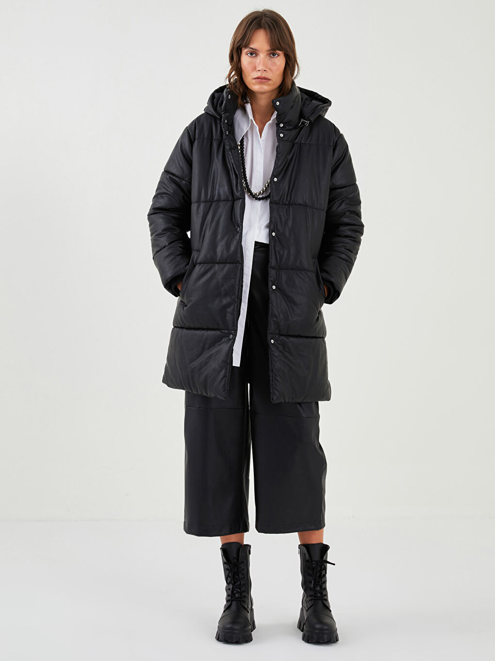 Hooded Collar Straight Pocket Detailed Leather Look Coat-3