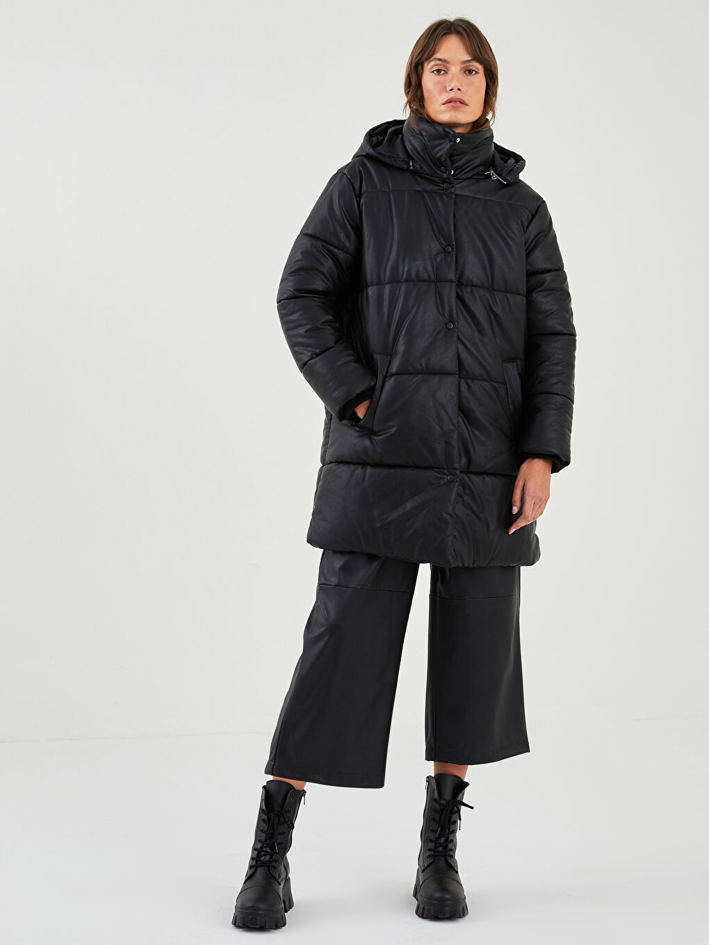 Hooded Collar Straight Pocket Detailed Leather Look Coat-6