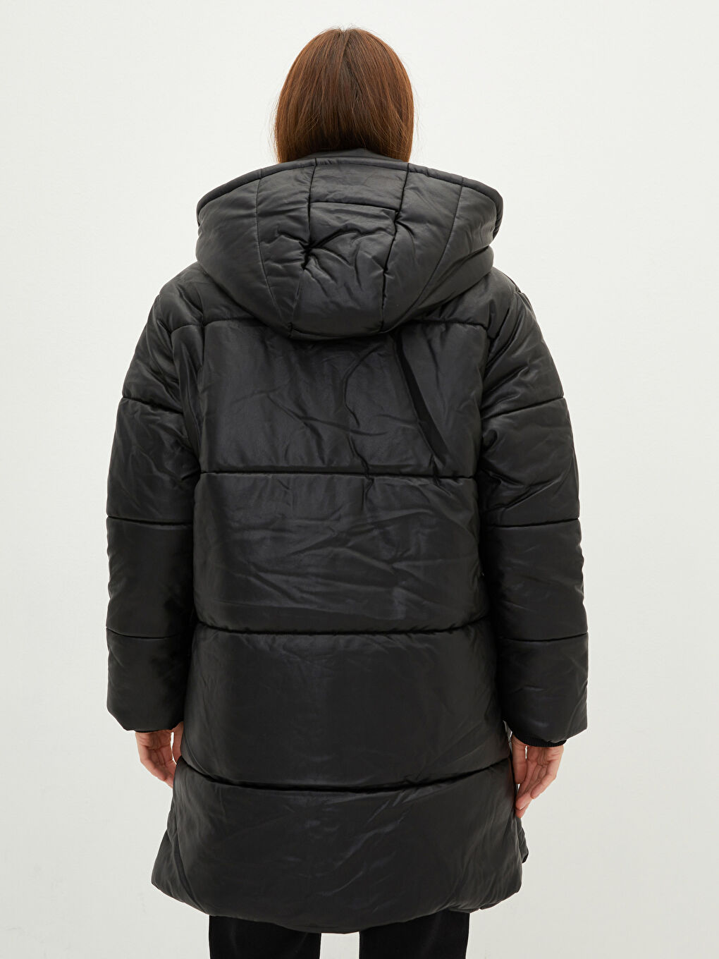 Hooded Collar Straight Pocket Detailed Leather Look Coat-14