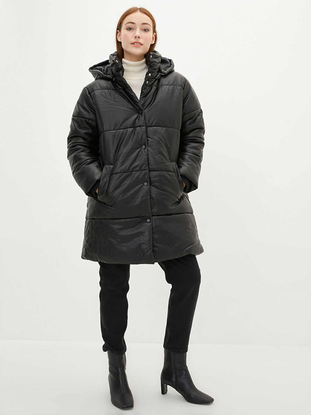 Hooded Collar Straight Pocket Detailed Leather Look Coat-2