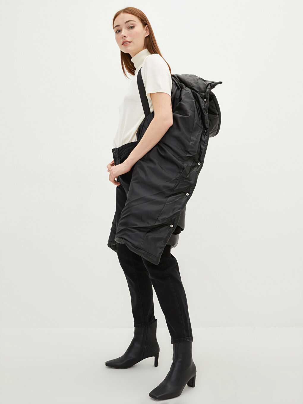 Hooded Collar Straight Pocket Detailed Leather Look Coat-5