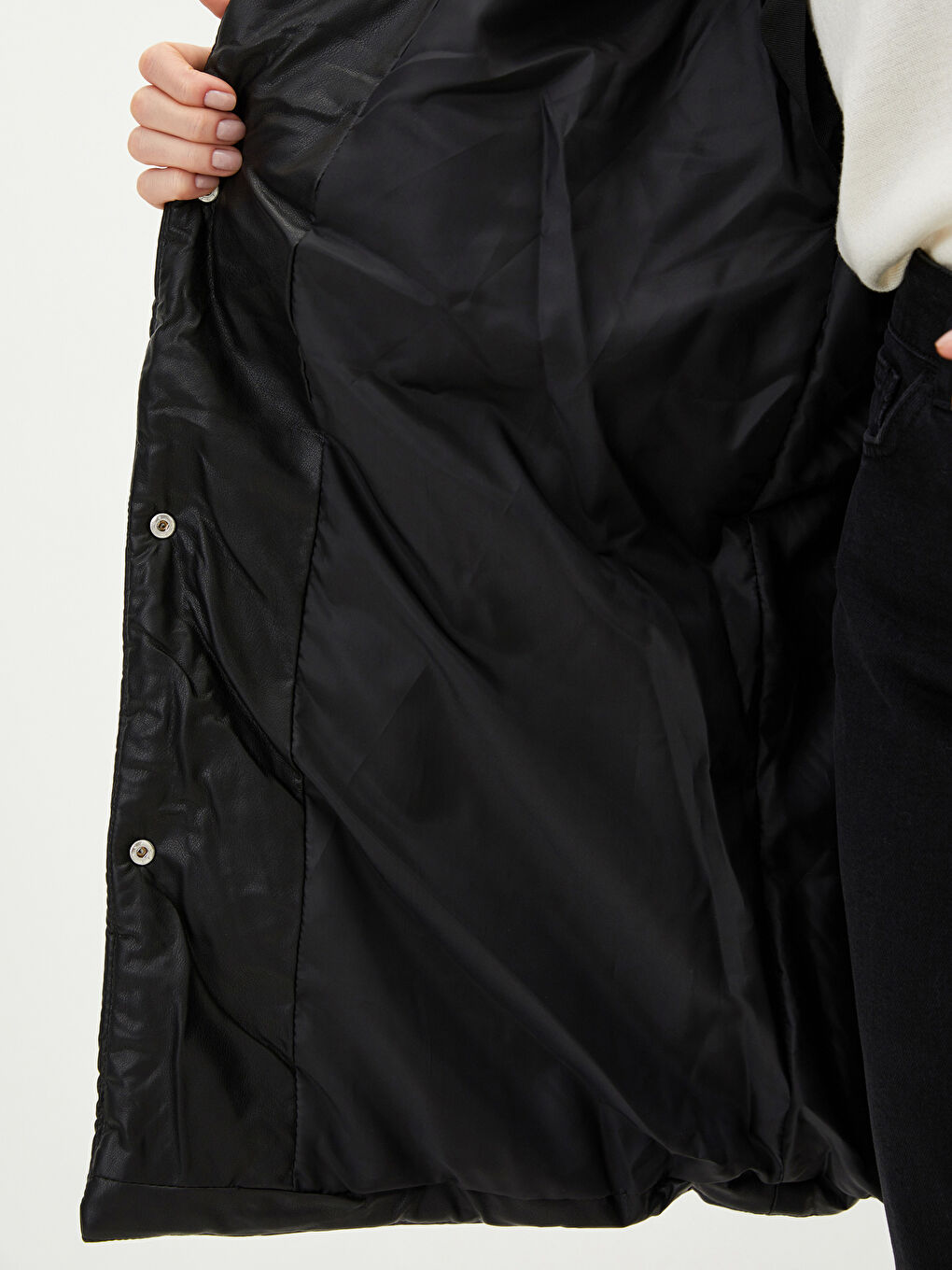 Hooded Collar Straight Pocket Detailed Leather Look Coat-11