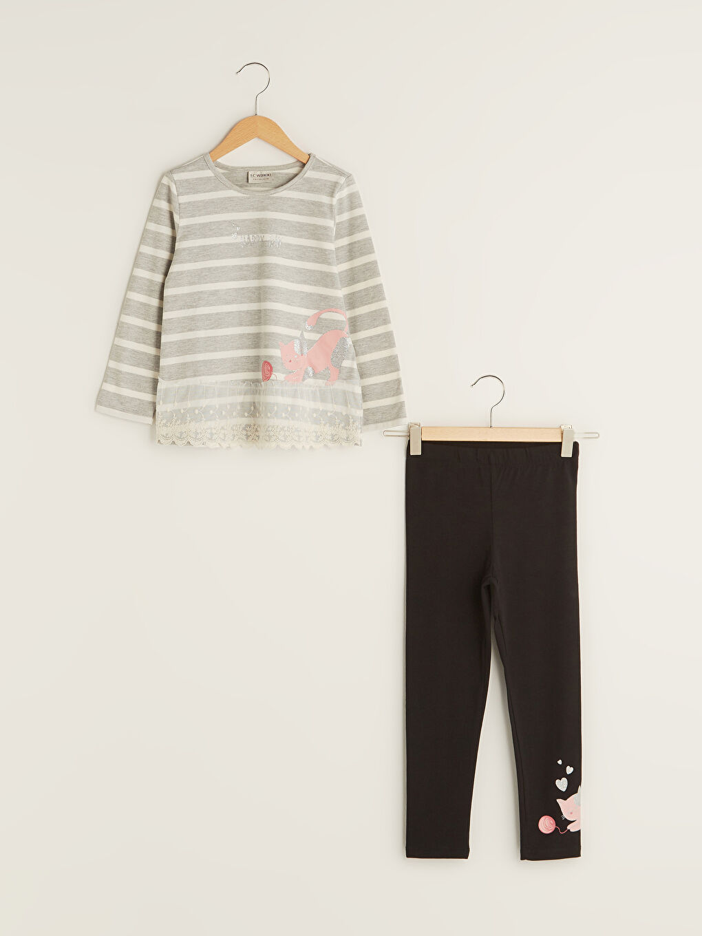 Crew Neck Printed Long Sleeve Girls' T-Shirt and Tights