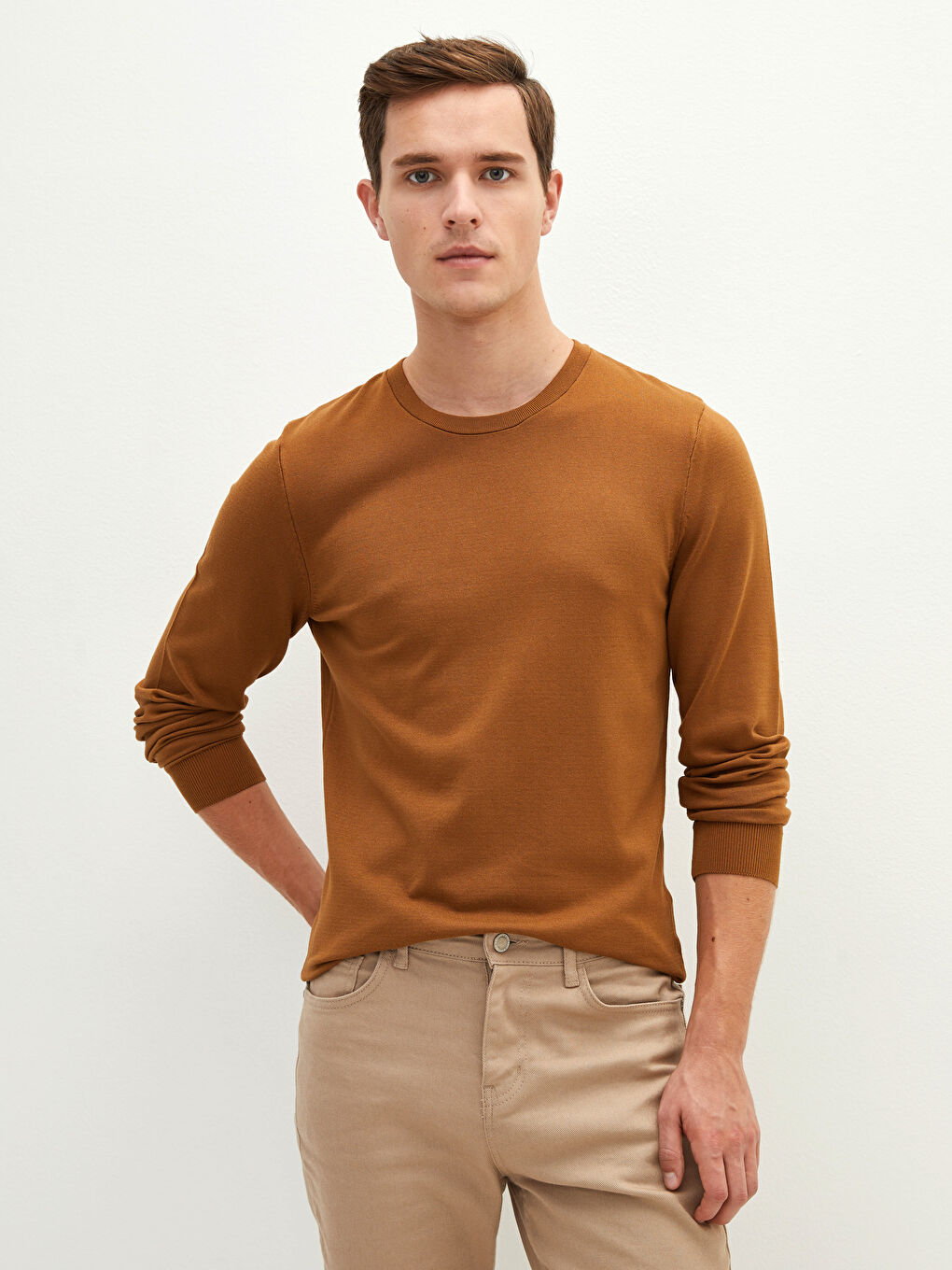 Bej Bisiklet Yaka Uzun Kollu İnce Erkek Triko Kazak-2