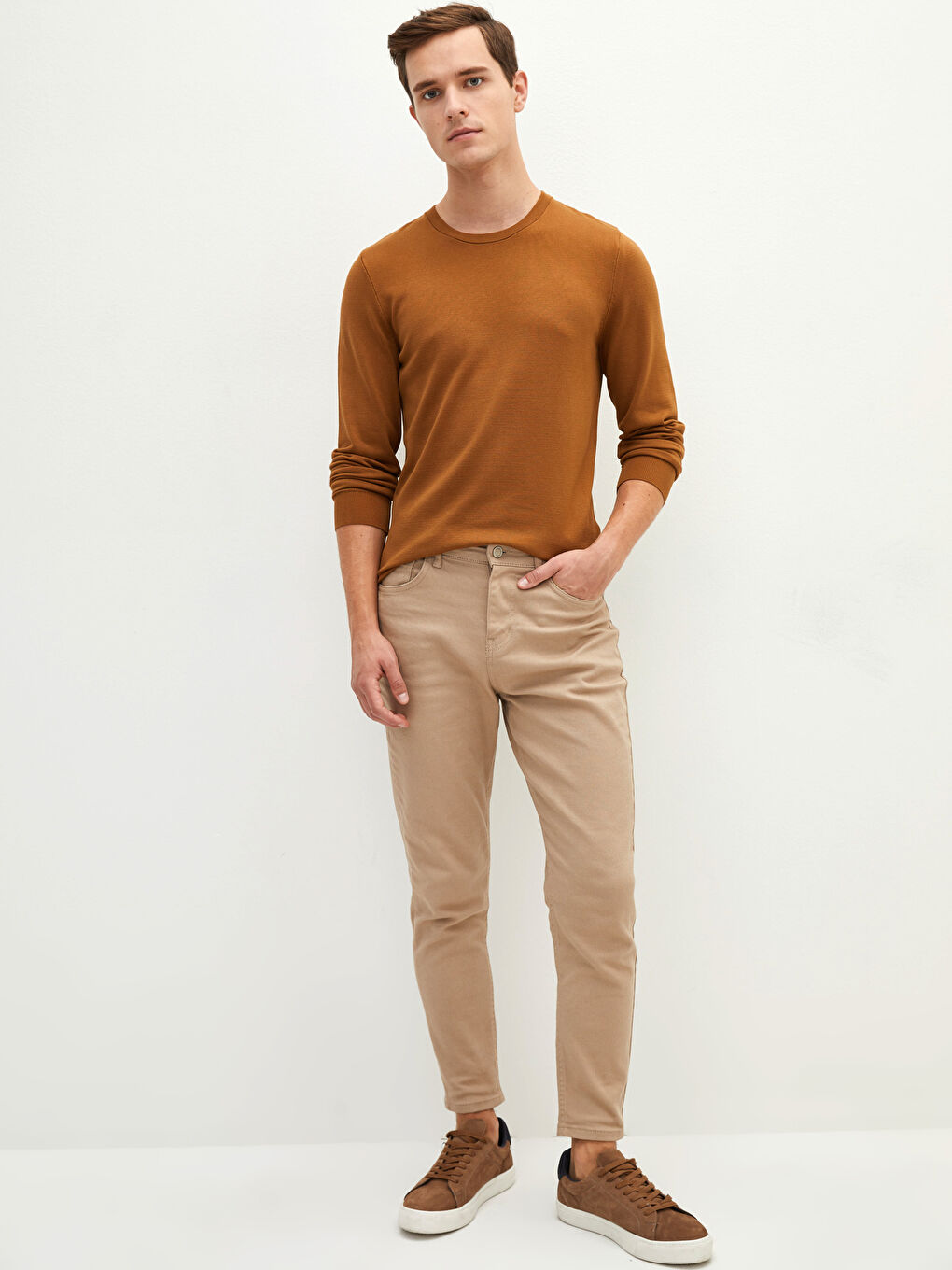 Bej Bisiklet Yaka Uzun Kollu İnce Erkek Triko Kazak-3