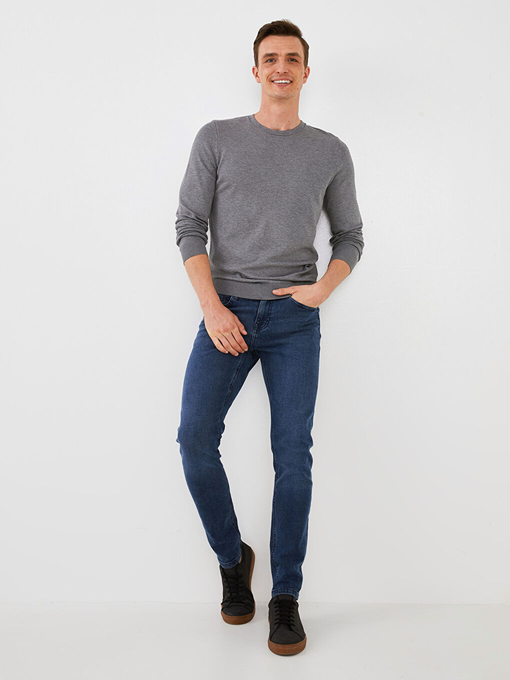 Gri Bisiklet Yaka Uzun Kollu İnce Erkek Triko Kazak-4