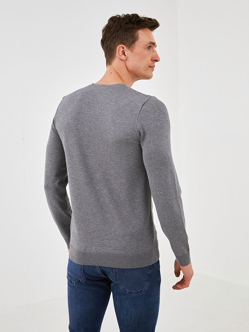 Gri Bisiklet Yaka Uzun Kollu İnce Erkek Triko Kazak-5