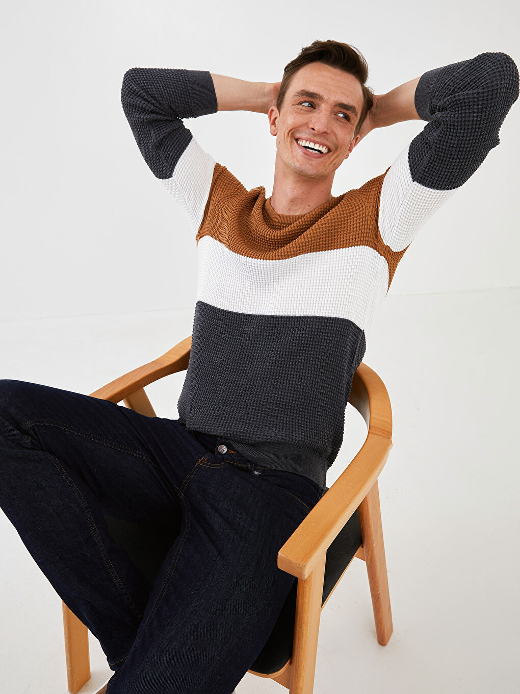 Crew Neck Long Sleeve Striped Slim Men's Knitwear Sweater