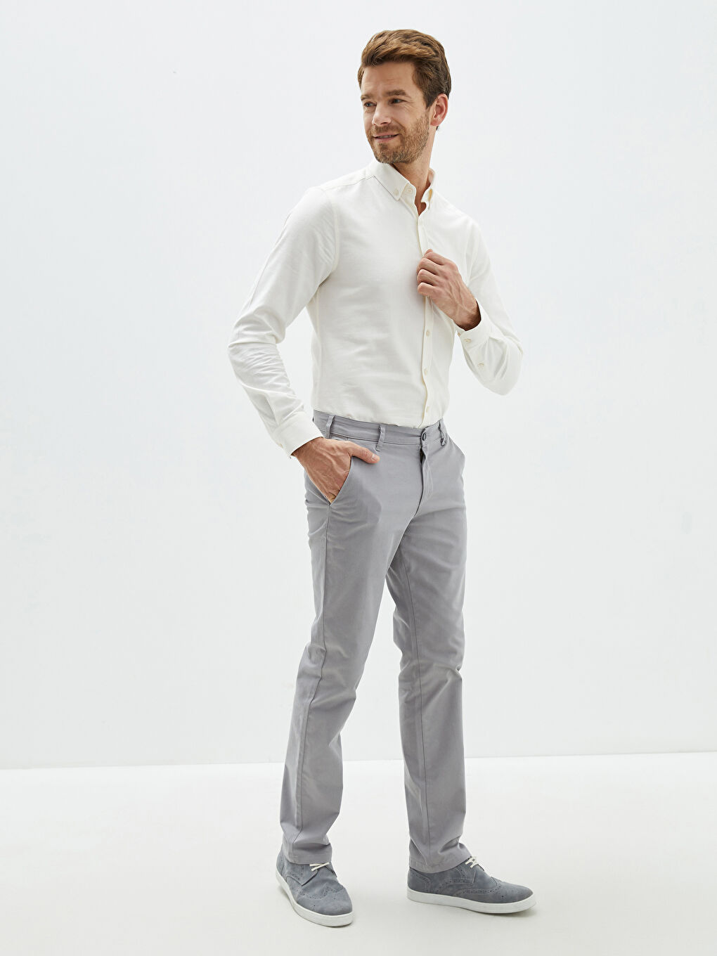 Gri Normal Kalıp Gabardin Erkek Chino Pantolon-1