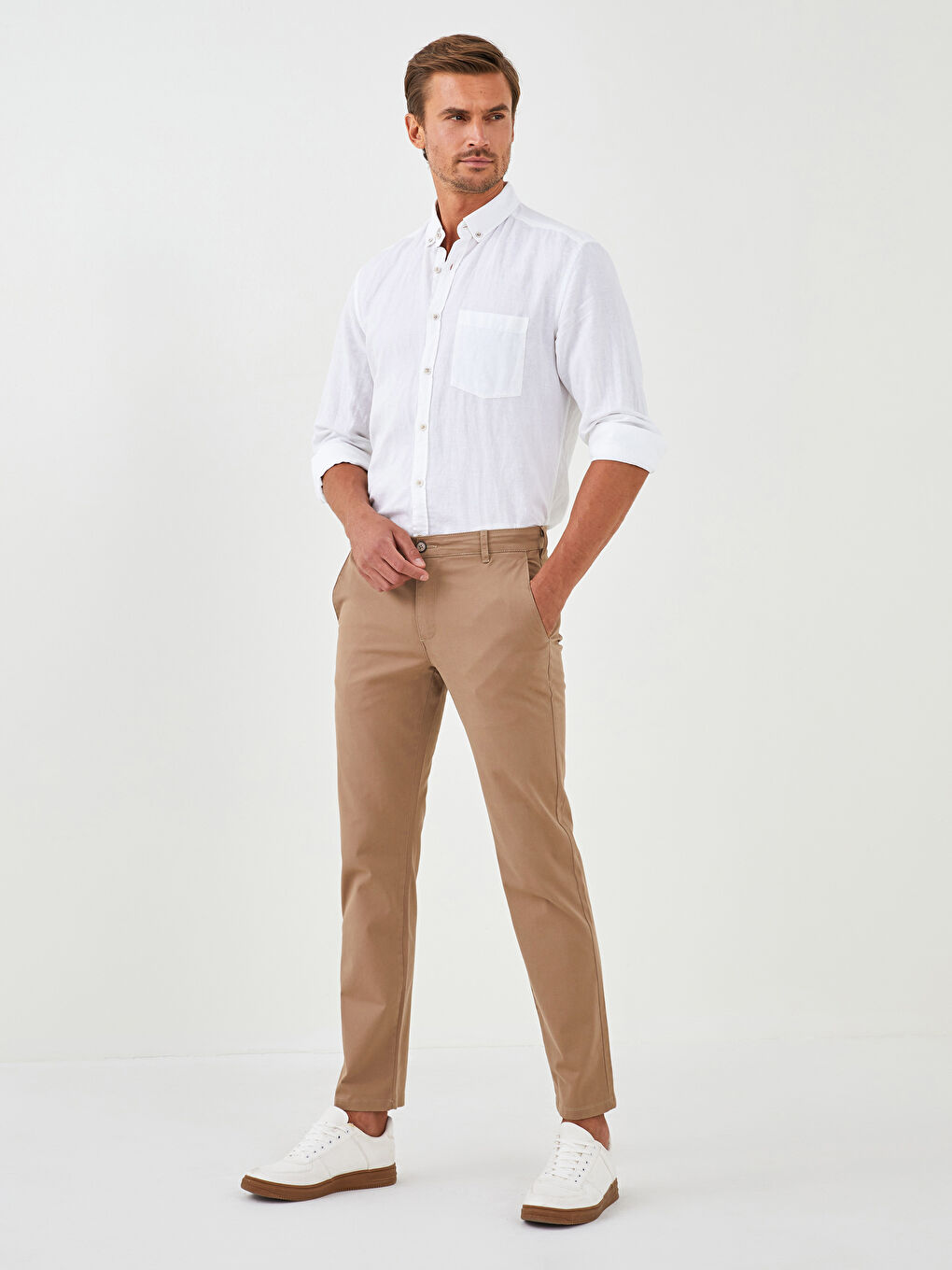Bej Dar Kalıp Gabardin Erkek Chino Pantolon-1