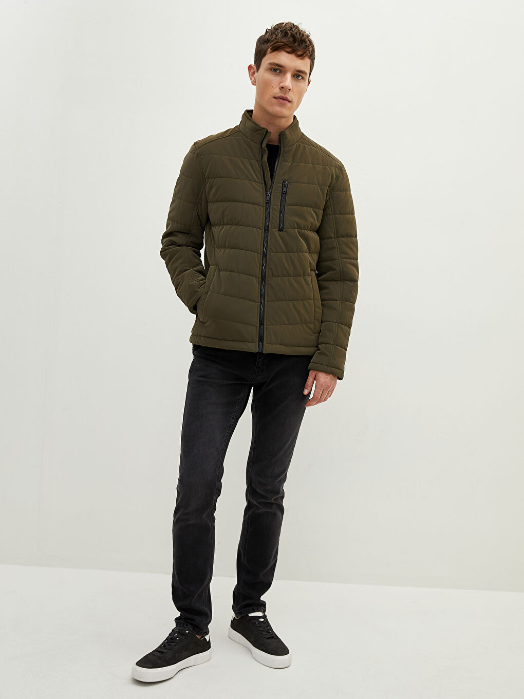 Пальто из искусственной кожи слим фит с воротником-труба для мужчин-4