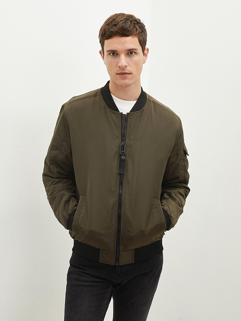 Ерлерге арналған еркін пішім колледж жағалы бомбер жұқа куртка-2