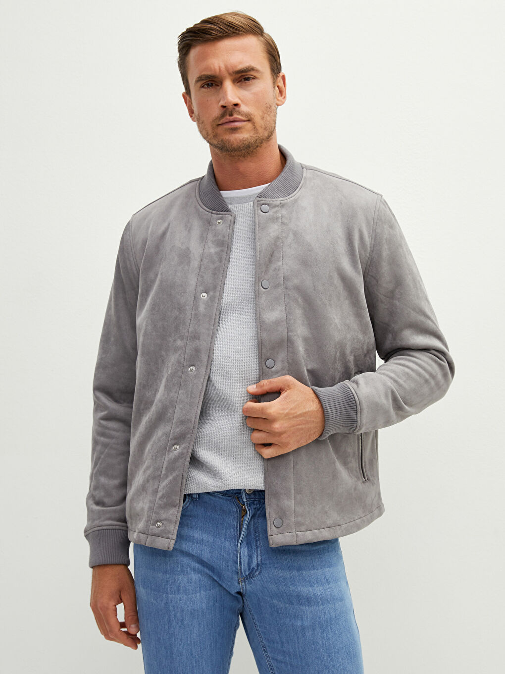 Loose Fit College Collar Bomber Suede Men's Coat-2