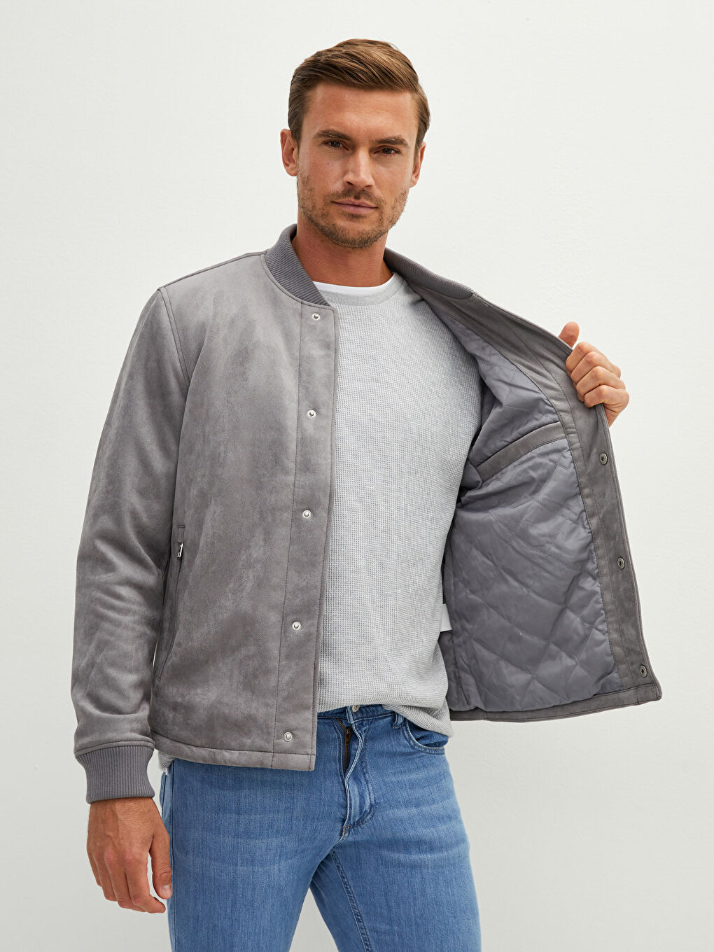 Loose Fit College Collar Bomber Suede Men's Coat-3