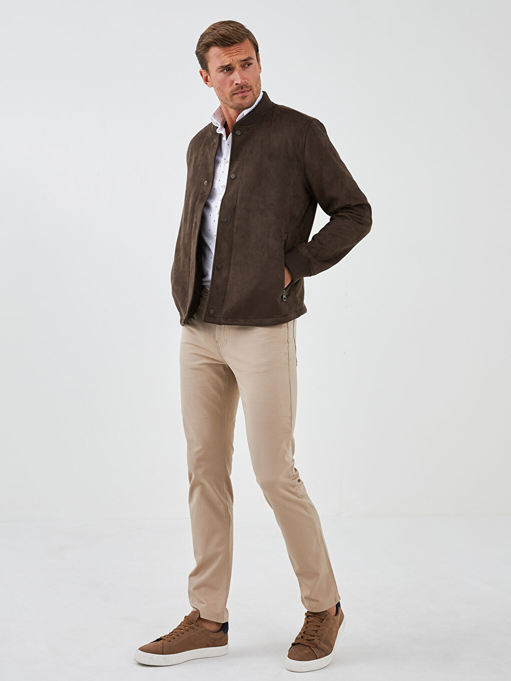 Loose Fit College Collar Bomber Suede Men's Coat-4